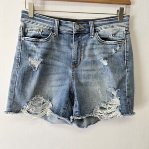 Judy Blue Paint Splash Distressed Denim Jean Shorts Size M Stretch Cutoffs Boho